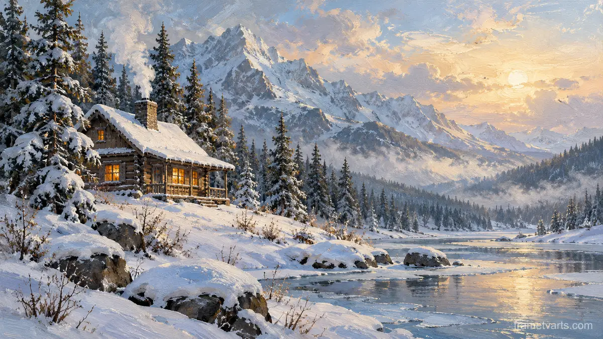 Snowy log cabin with smoke rising from the chimney – tonal oil painting Samsung Frame TV art, 4K