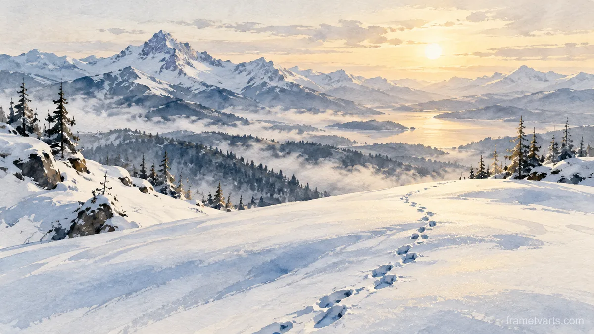 Snowshoe tracks across a mountain clearing in deep snow – minimal ink and wash Samsung Frame TV art, 4K