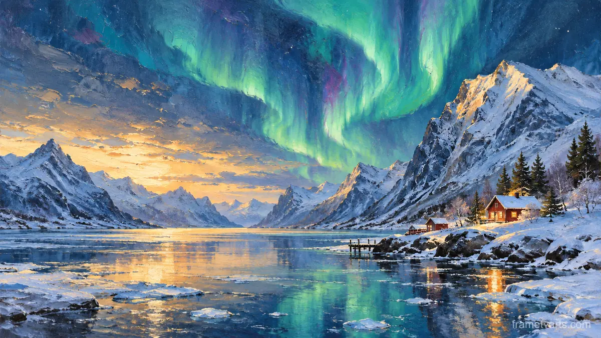 Northern lights over a snowy fjord – atmospheric oil painting Samsung Frame TV art, 4K
