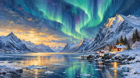 Northern lights over a snowy fjord – atmospheric oil painting Frame TV art