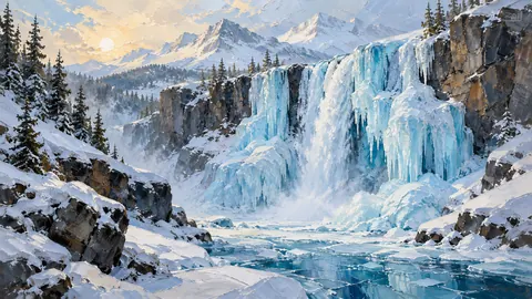 Frozen waterfall with blue ice – expressive palette-knife painting Frame TV art