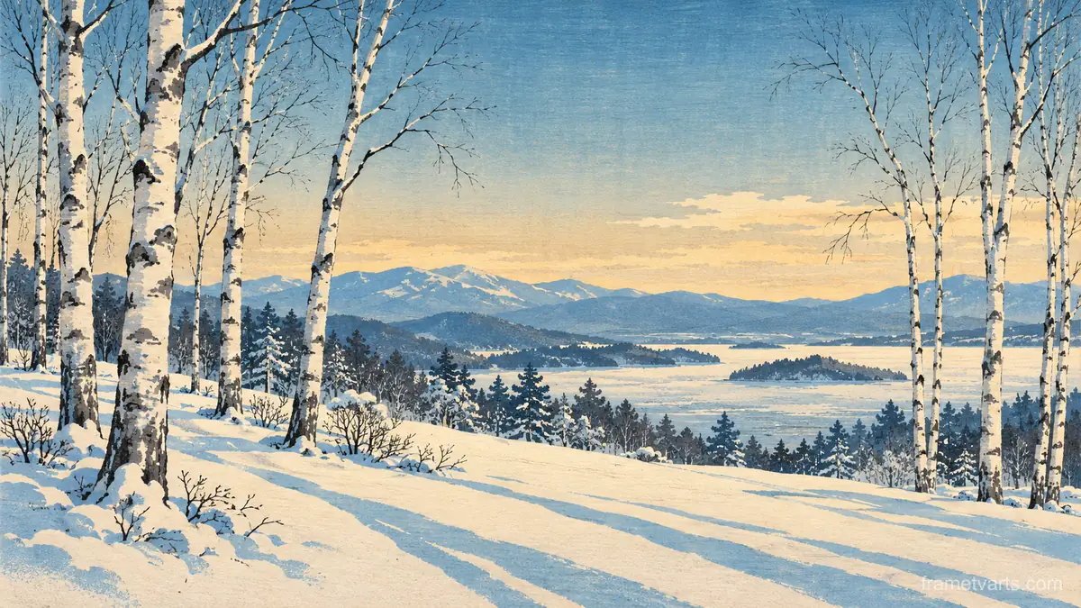 Snow-covered birch grove with long blue shadows – japanese-inspired woodblock print Samsung Frame TV art, 4K