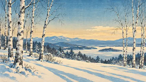 Snow-covered birch grove with long blue shadows – japanese-inspired woodblock print Frame TV art