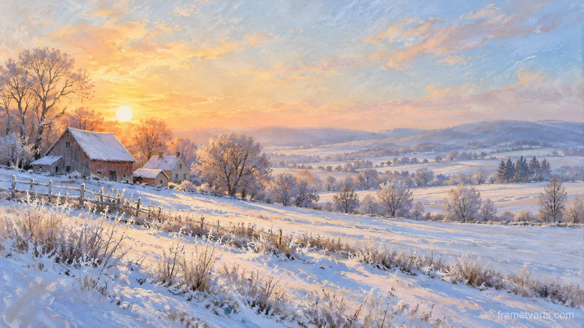 Winter sunrise over frosted farm fields – soft pastel drawing Samsung Frame TV art, 4K