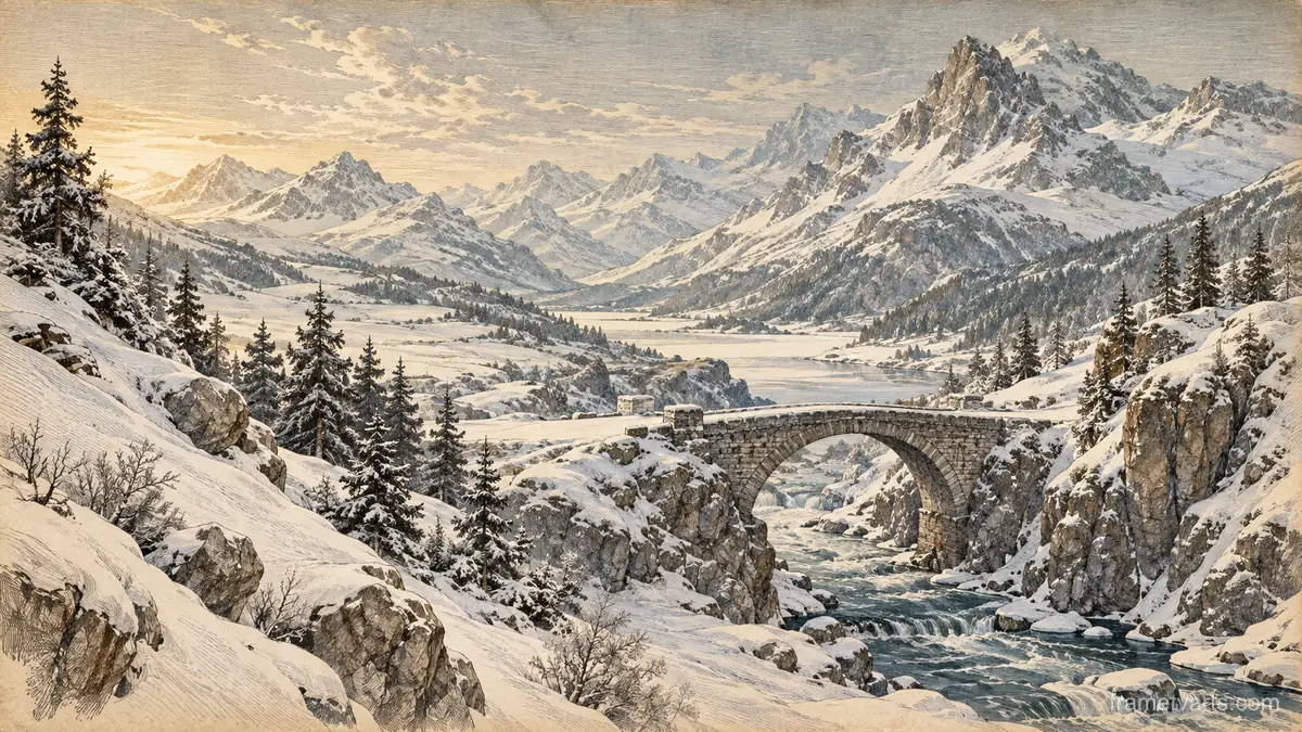 Snowy mountain pass with a stone bridge – vintage plate engraving Samsung Frame TV art, 4K