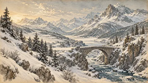 Snowy mountain pass with a stone bridge – vintage plate engraving Frame TV art