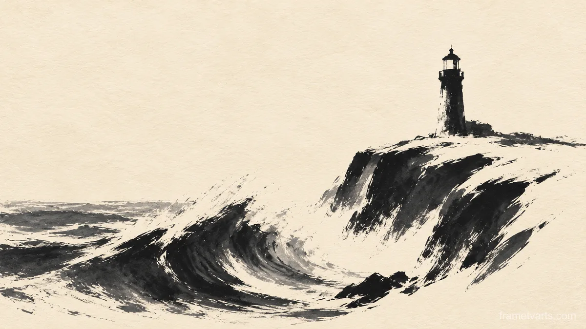 Blizzard over a lone lighthouse – monochrome minimalist abstraction Samsung Frame TV art, 4K