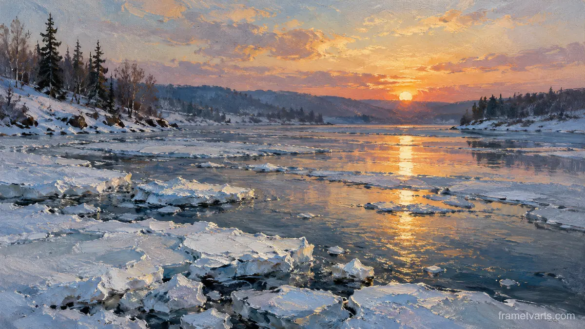 Ice floes on a winter river at dusk – atmospheric oil painting Samsung Frame TV art, 4K