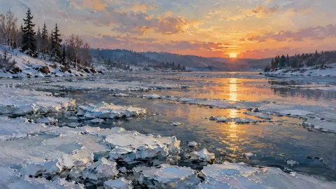 Ice floes on a winter river at dusk – atmospheric oil painting Frame TV art