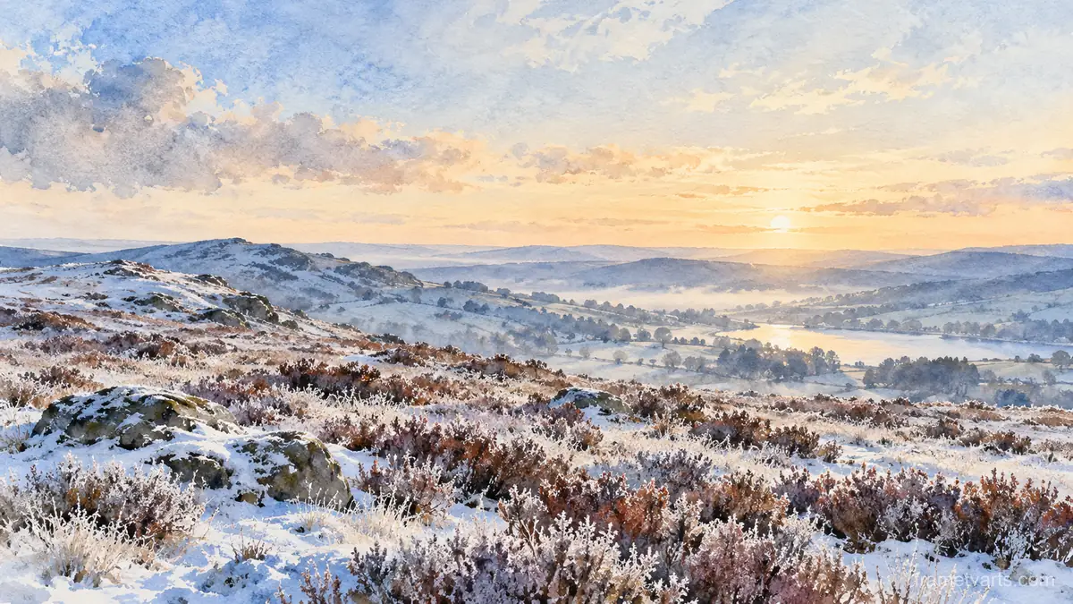 Frost on a hillside of dormant heather – loose watercolor Samsung Frame TV art, 4K