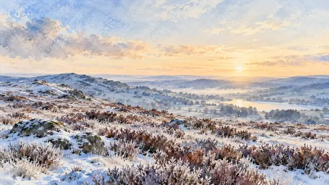 Frost on a hillside of dormant heather – loose watercolor Frame TV art