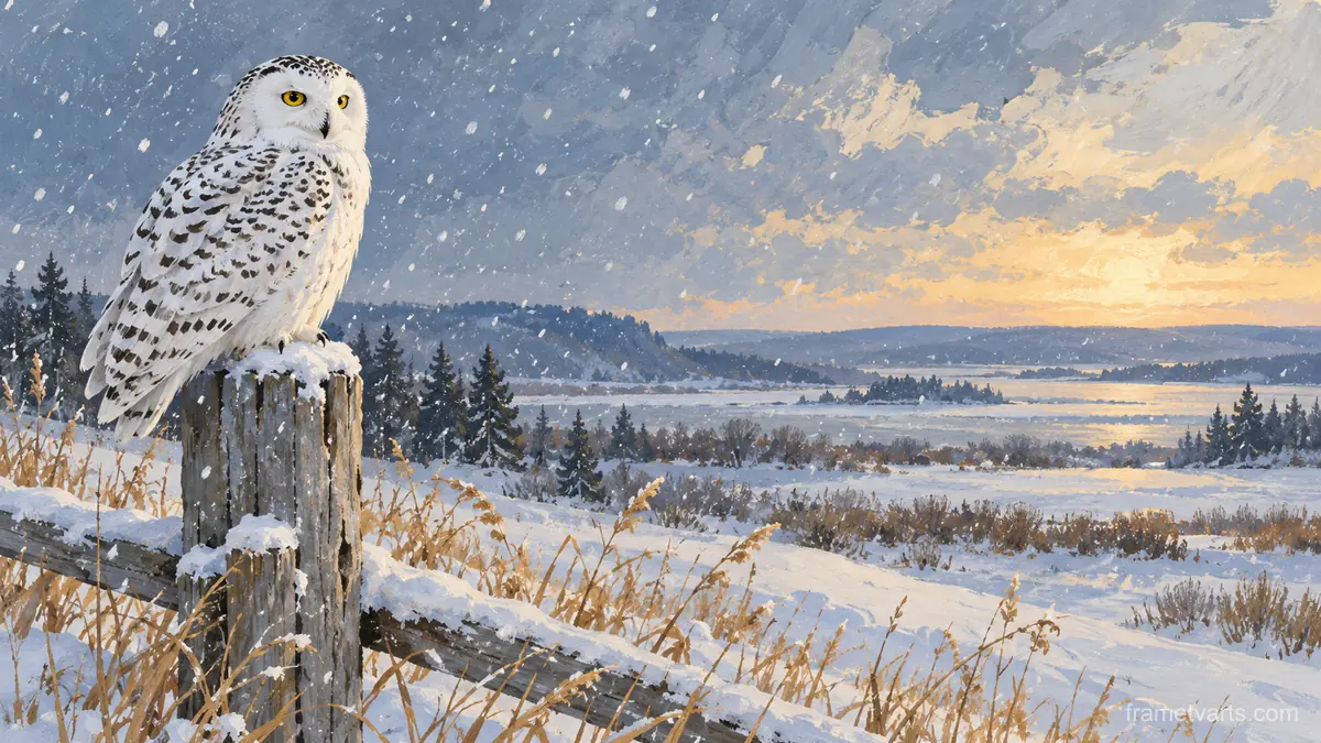 Snowy owl on a fence post in falling snow – naturalist gouache Samsung Frame TV art, 4K