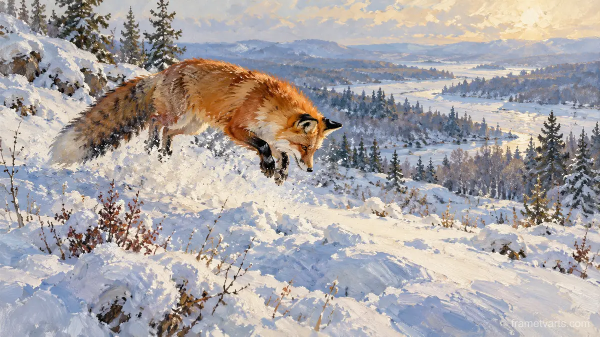 Red fox pouncing in deep snow – impressionist oil painting Samsung Frame TV art, 4K