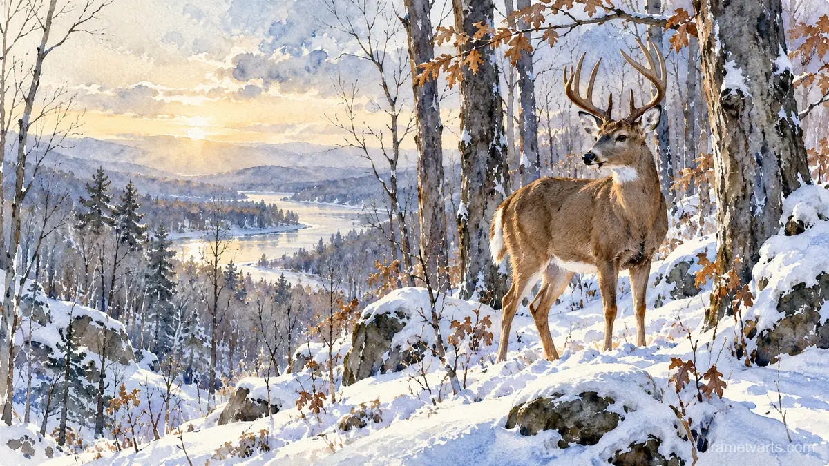 White-tailed deer in a snowy hardwood forest – elegant watercolor Samsung Frame TV art, 4K