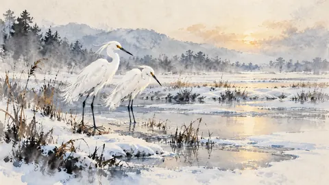 Snowy egret pair in a frozen marsh – zen sumi-e ink wash Frame TV art