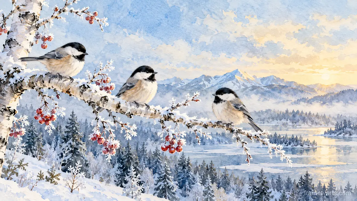 Winter chickadees on a frosted birch twig – botanical watercolor Samsung Frame TV art, 4K