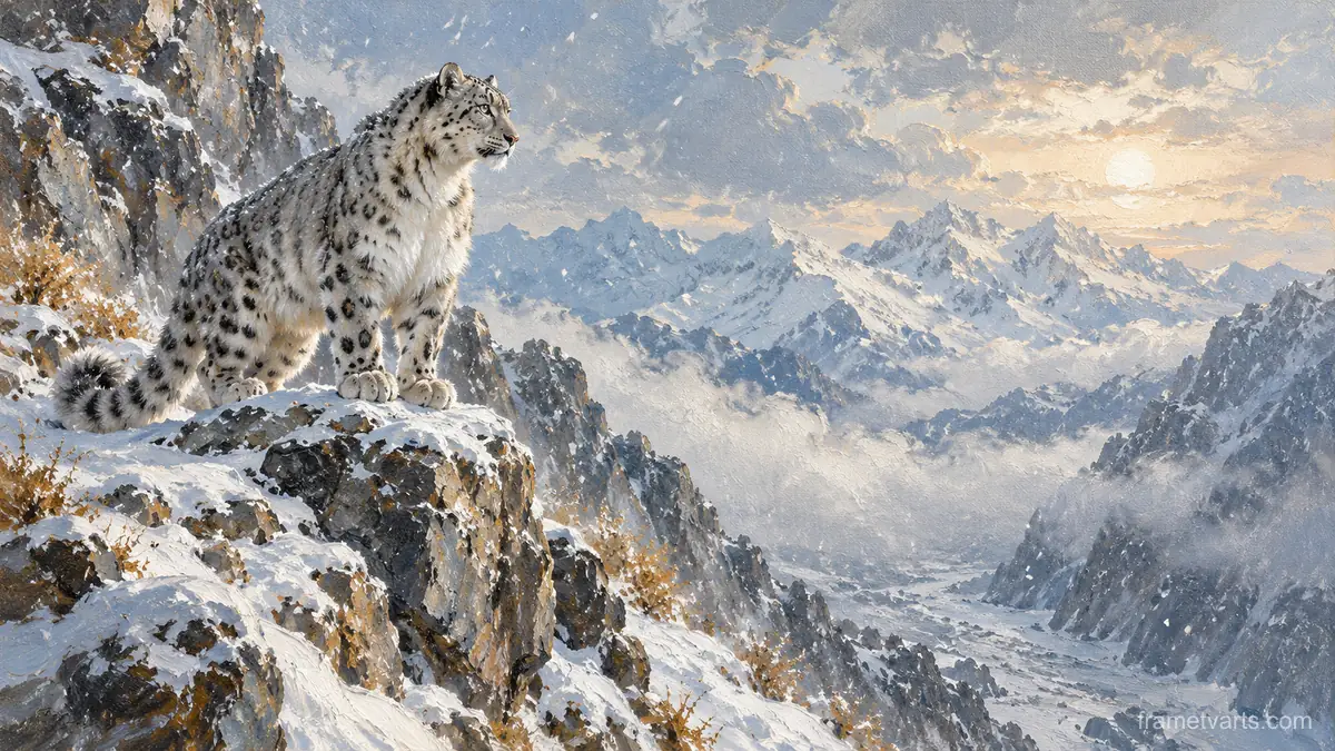 Snow leopard on a rocky ledge in snowfall – atmospheric oil painting Samsung Frame TV art, 4K