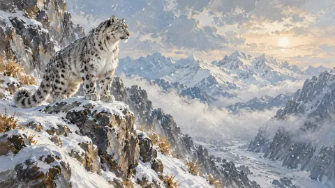 Snow leopard on a rocky ledge in snowfall – atmospheric oil painting Frame TV art