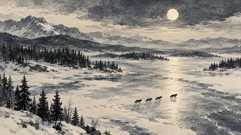 Wolves crossing a frozen river in moonlight – monochrome minimalist abstraction Frame TV art
