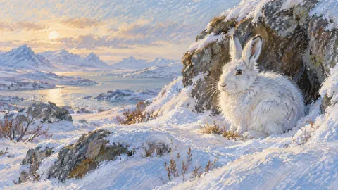 Arctic hare in a snowy hollow – chalk pastel study Frame TV art