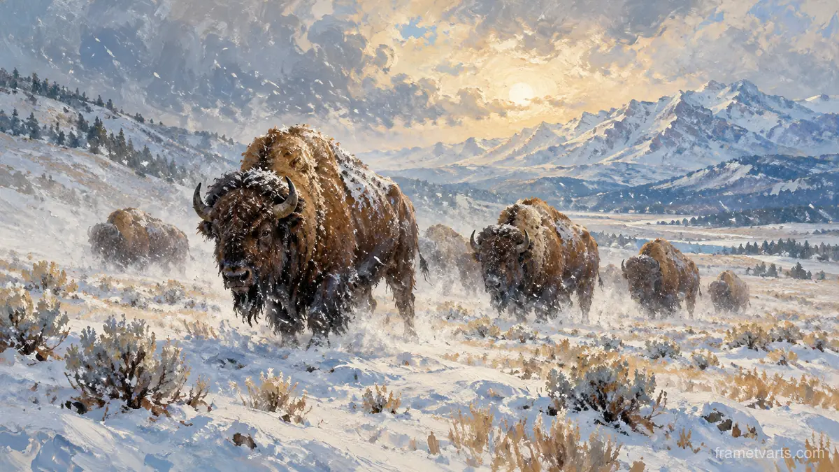 Bison in a snowstorm on an open plain – classic western oil painting Samsung Frame TV art, 4K