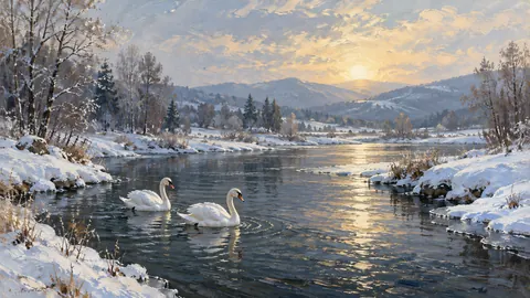 Swans on dark water between snowy banks – tonal oil painting Frame TV art