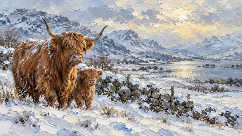 Highland cattle in snow beside a stone wall – expressive palette-knife painting Frame TV art