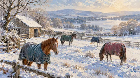 Horses in winter blankets in a snowy paddock – impressionist oil painting Frame TV art