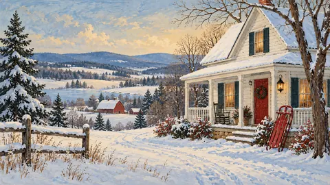 Snowy farmhouse with a red sled by the porch – americana folk painting Frame TV art