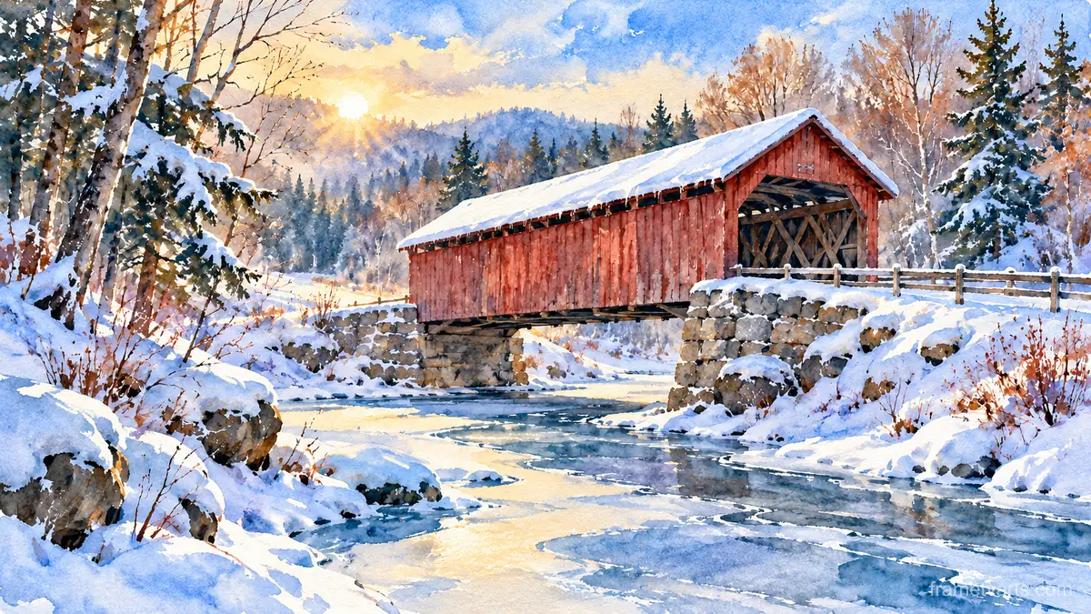 Snow-covered covered bridge over a frozen creek – loose watercolor Samsung Frame TV art, 4K