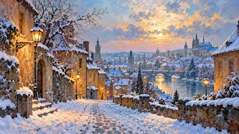 Winter street in an old European town with lamplight – impressionist oil painting Frame TV art