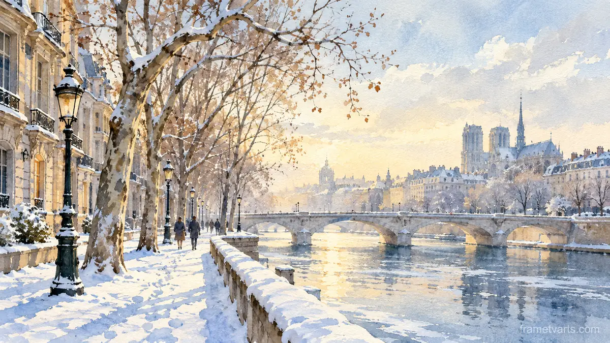 Snowy Paris boulevard with bare plane trees – elegant watercolor Samsung Frame TV art, 4K