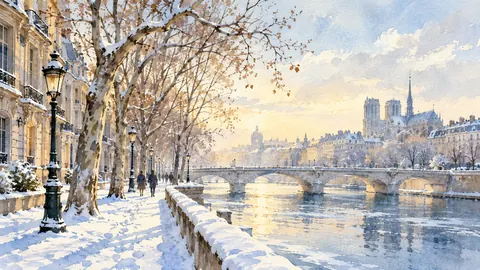 Snowy Paris boulevard with bare plane trees – elegant watercolor Frame TV art
