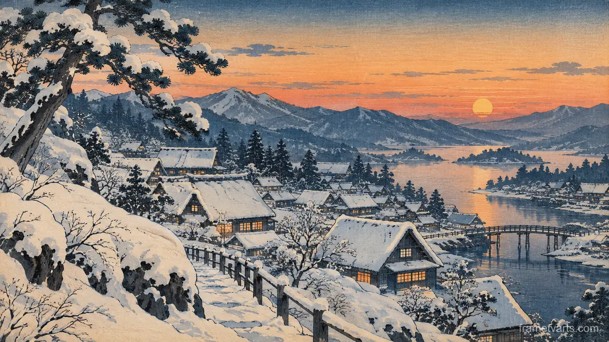 Japanese village under deep snow at dusk – japanese-inspired woodblock print Samsung Frame TV art, 4K