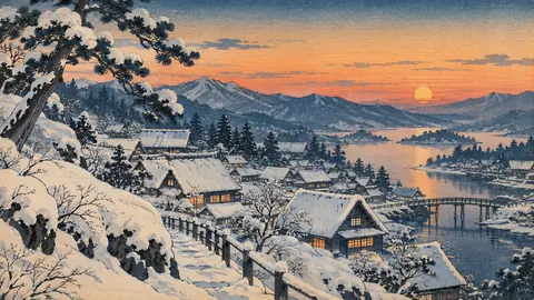 Japanese village under deep snow at dusk – japanese-inspired woodblock print Frame TV art