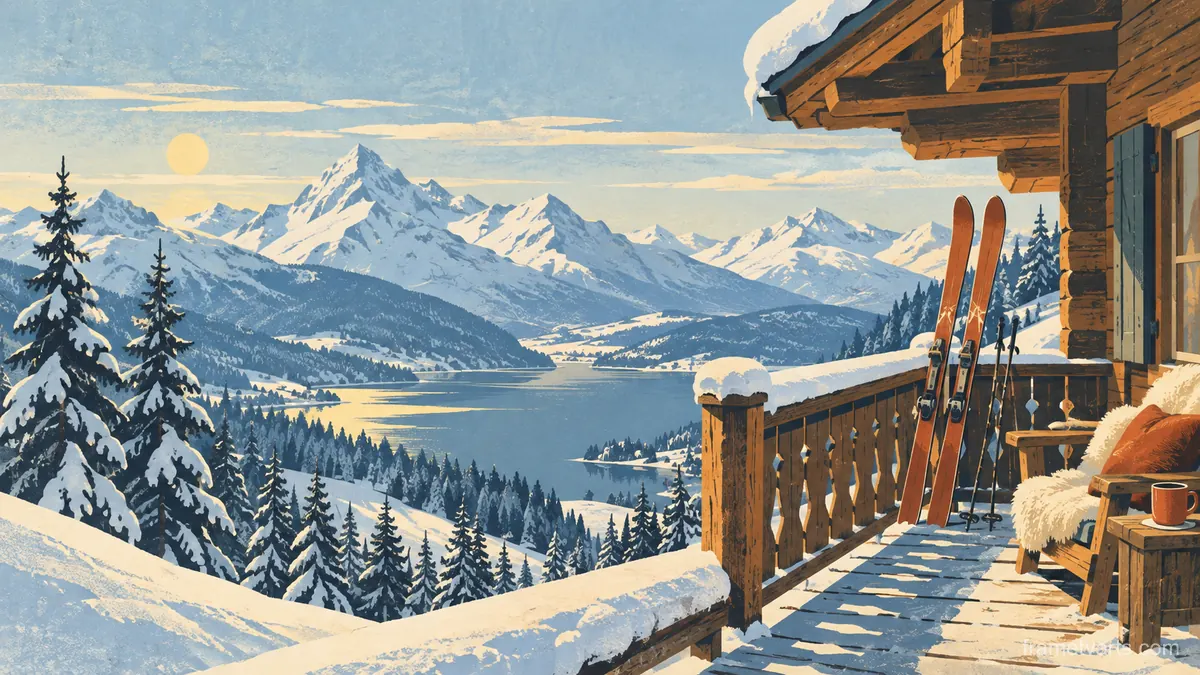 Mountain chalet balcony with skis against the rail – retro mid-century illustration Samsung Frame TV art, 4K