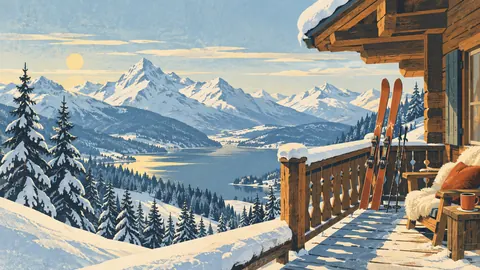 Mountain chalet balcony with skis against the rail – retro mid-century illustration Frame TV art