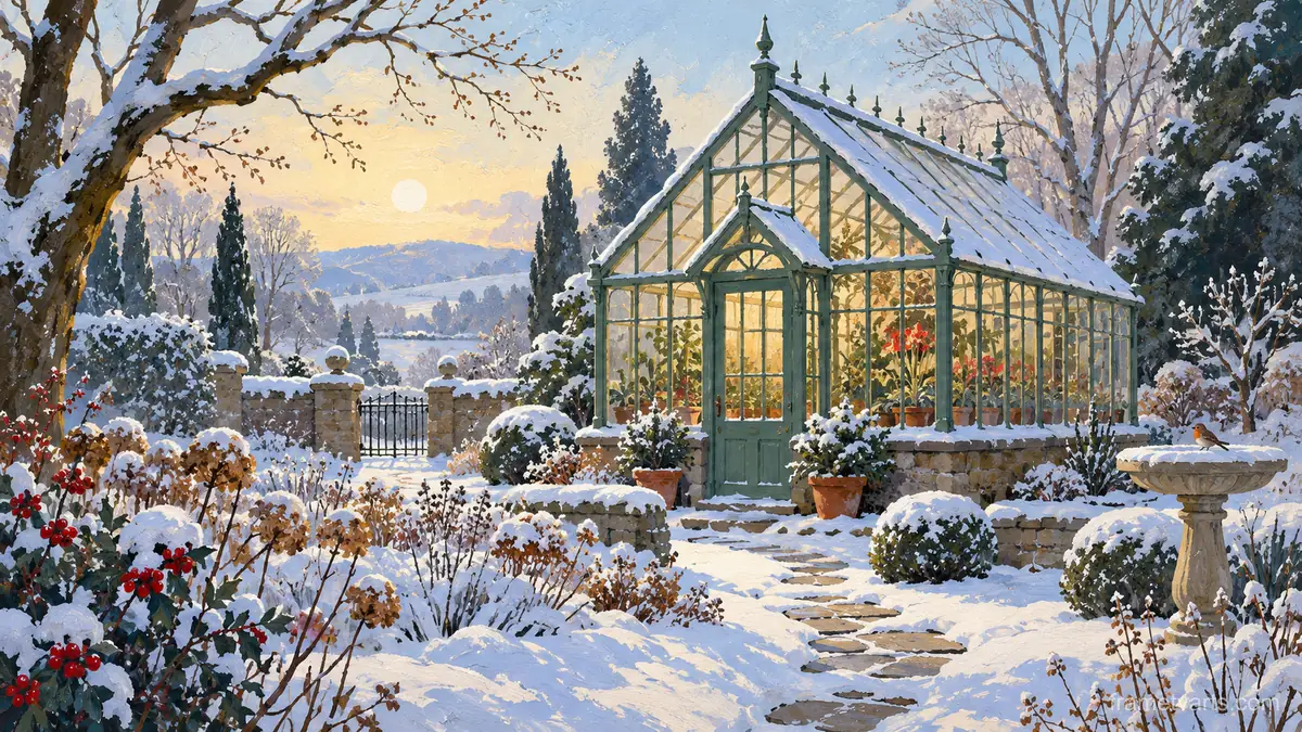 Snow-dusted greenhouse in a winter garden – storybook gouache Samsung Frame TV art, 4K