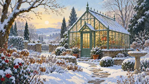 Snow-dusted greenhouse in a winter garden – storybook gouache Frame TV art