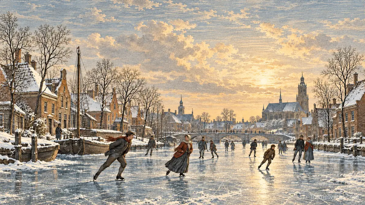 Frozen canal with skaters between brick houses – vintage plate engraving Samsung Frame TV art, 4K