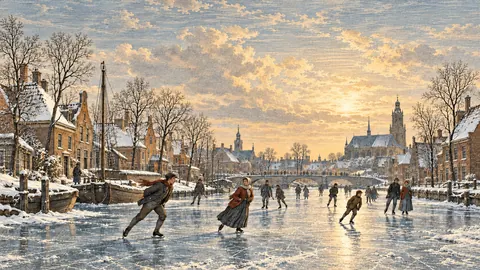 Frozen canal with skaters between brick houses – vintage plate engraving Frame TV art