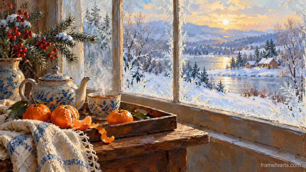 Winter tea tray with oranges by a frosted window – tonal oil painting Samsung Frame TV art, 4K