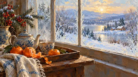 Winter tea tray with oranges by a frosted window – tonal oil painting Frame TV art