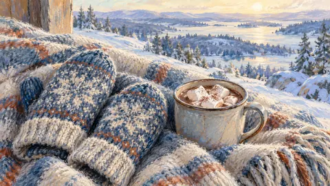 Knitted mittens and a mug of cocoa on a wool blanket – soft pastel drawing Frame TV art