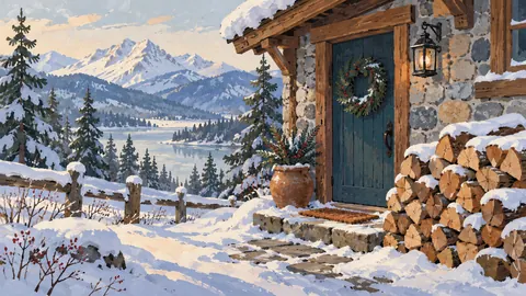 Firewood stacked by a snowy cabin door – decorative folk gouache Frame TV art