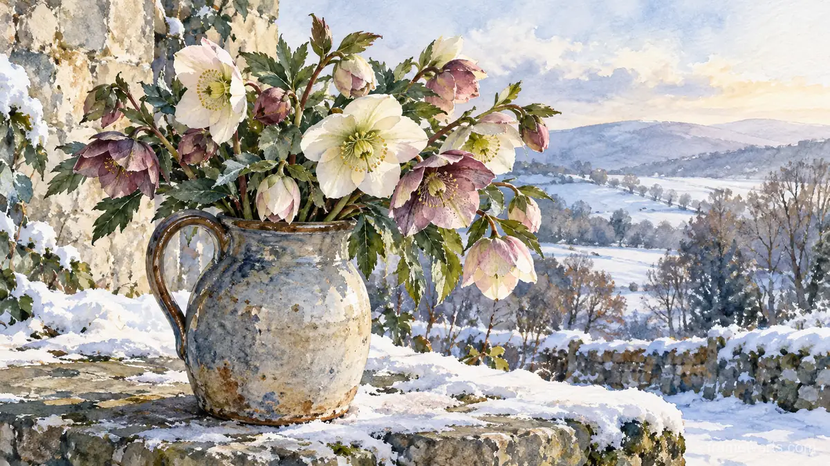 Winter hellebores in a stoneware jug – botanical watercolor Samsung Frame TV art, 4K
