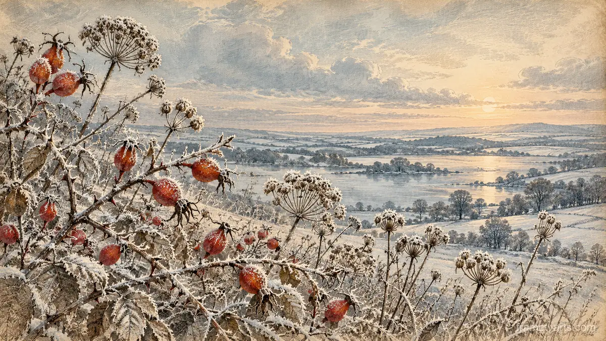 Frost on rosehips and seed heads – vintage plate engraving Samsung Frame TV art, 4K