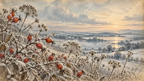 Frost on rosehips and seed heads – vintage plate engraving Frame TV art