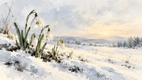 Snowdrops pushing through a thin crust of snow – minimal ink and wash Frame TV art
