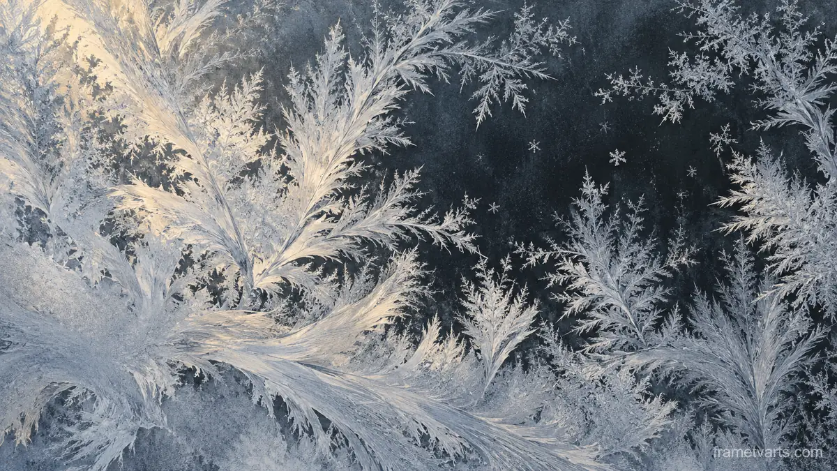 Ice crystals on a dark window pane – monochrome minimalist abstraction Samsung Frame TV art, 4K